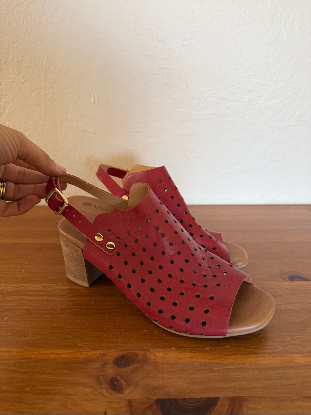 Eric Michael Red Perforated Slingback Block Sandals